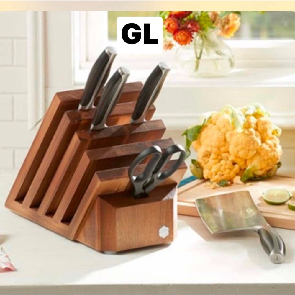 Wooden Knife Block Set with Black Handles